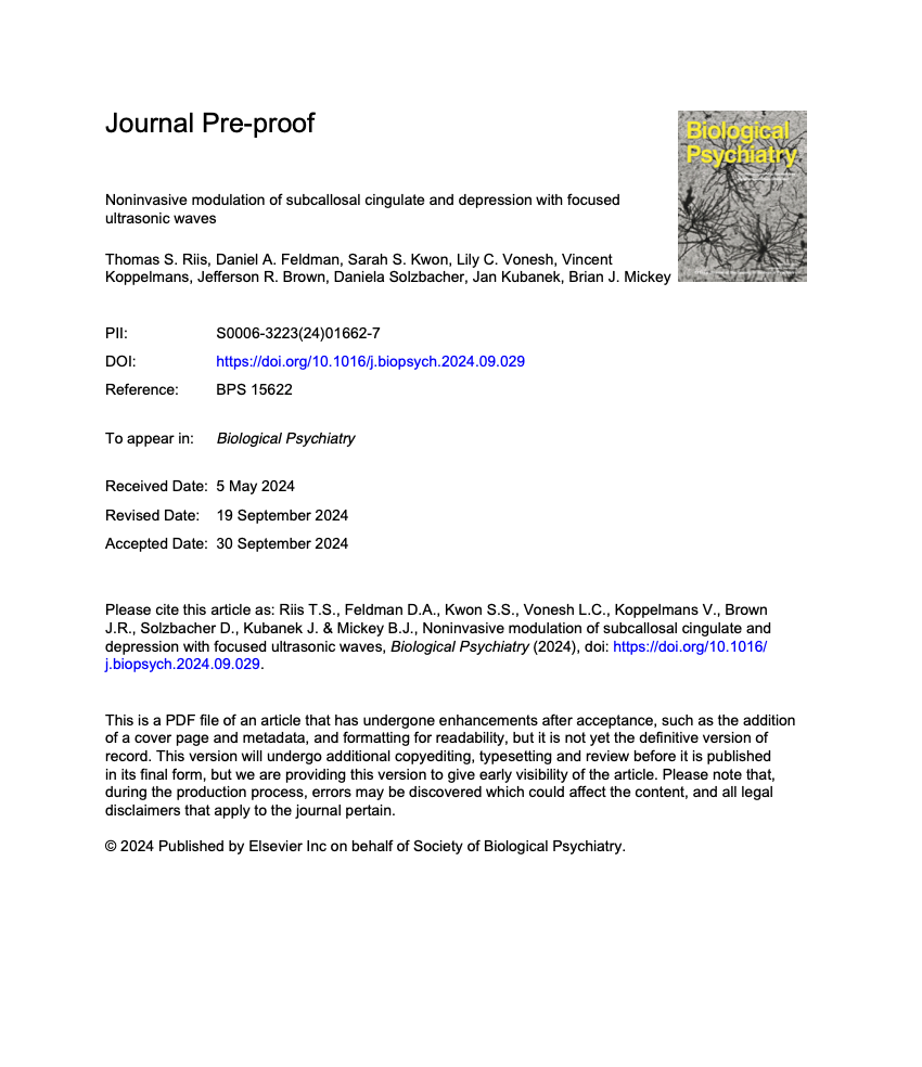 Noninvasive modulation of subcallosal cingulate and depression with focused ultrasonic waves.