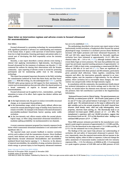 Open letter on intervention regimes and adverse events in focused ultrasound for neuromodulation.