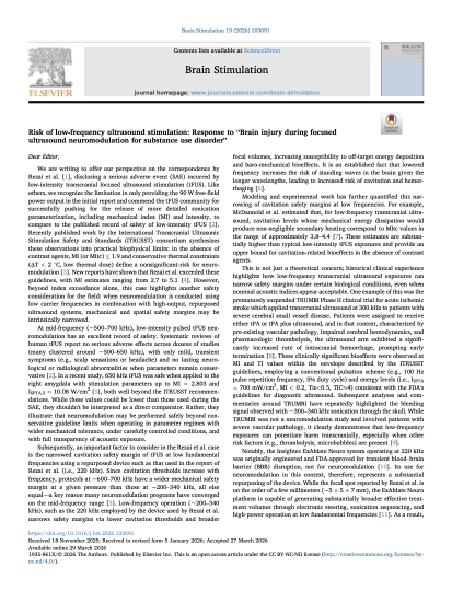Risk of low-frequency ultrasound stimulation: Response to “Brain injury during focused ultrasound neuromodulation for substance use disorder”.